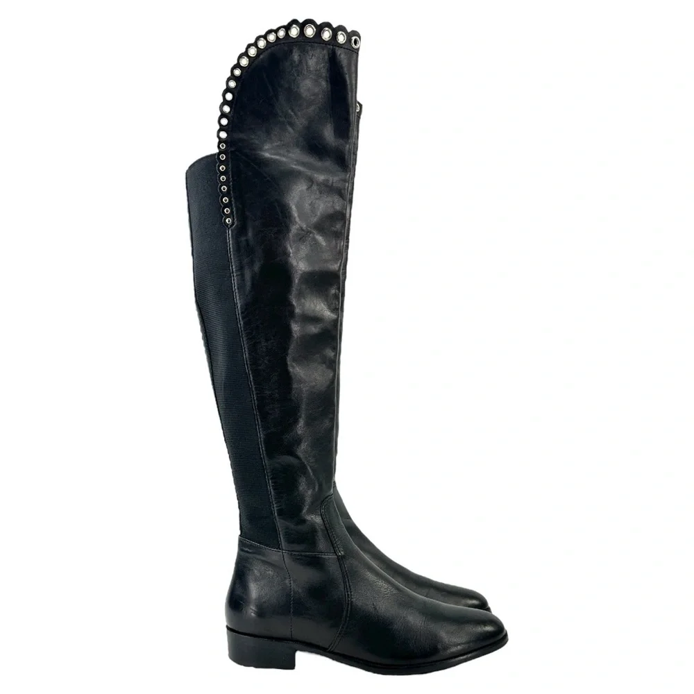 LK Bennett Black Leather Grommet Detail Over the Knee Flat Tall Riding Boots